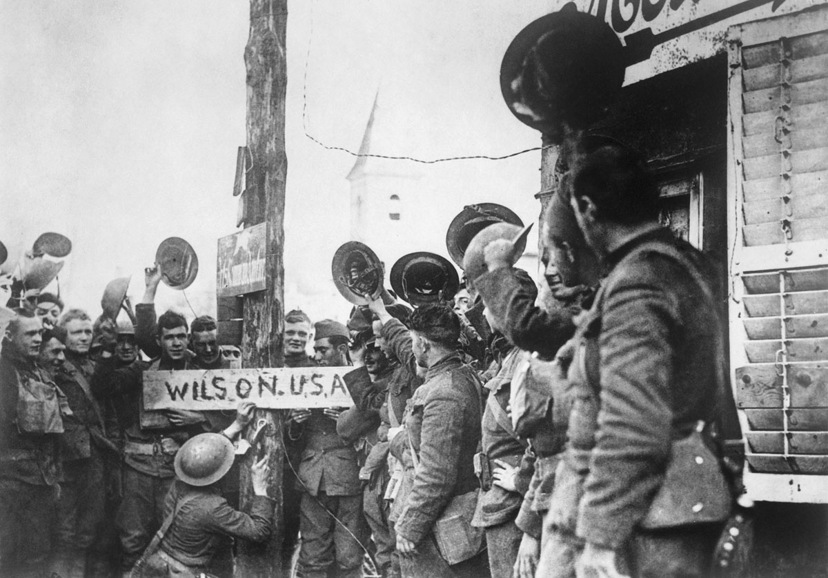 American soldiers rename a German street sign in the St Mihiel salient on the Western Front. 1917.